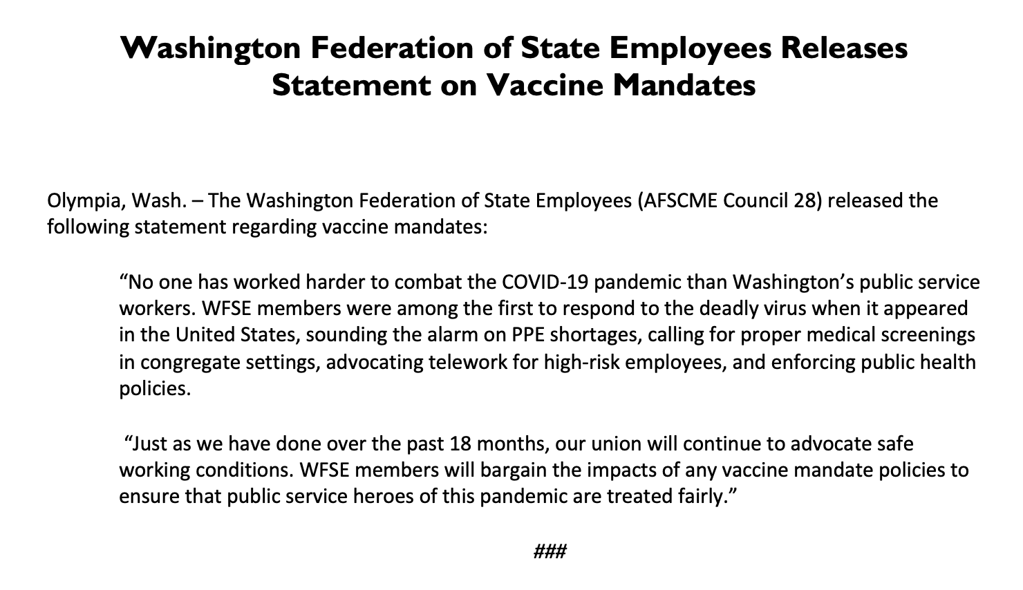 WFSE Statement on Vaccine Mandate | AFSCME Council 28 (WFSE)