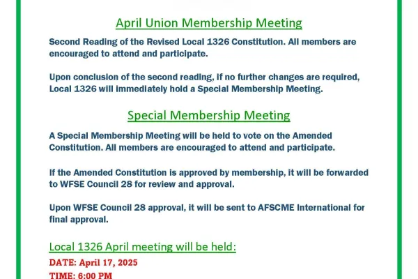 Flyer containing details about Local 1326 meeting on April 17 at 6PM at Sweet Bees Restaurant in Yakima, WA