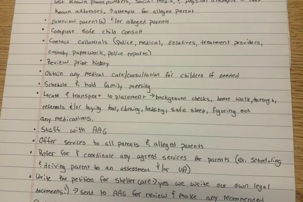 Full page list of tasks that must be accomplished before a 72-hour shelter care hearing.