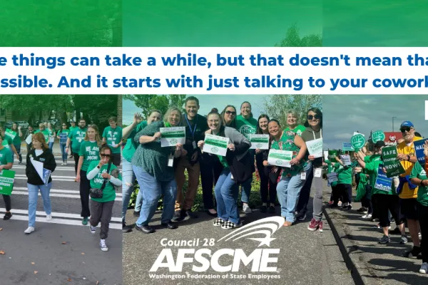 A graphic with photos of DCYF members that reads "These things can take a while, but that doesn't mean that it's impossible. And it starts with just talking to your coworkers."