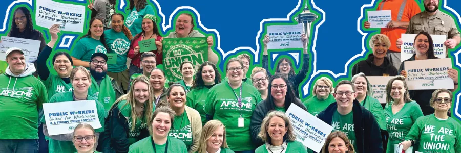 GRaphic of WFSE workers in green shirts smilies in a blue background