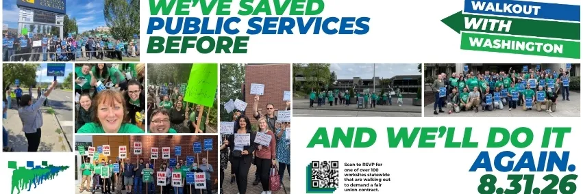 collage of 2024 walkout CCC attendees with text that reads we've saved public services before and we'll do it again 8.31.26