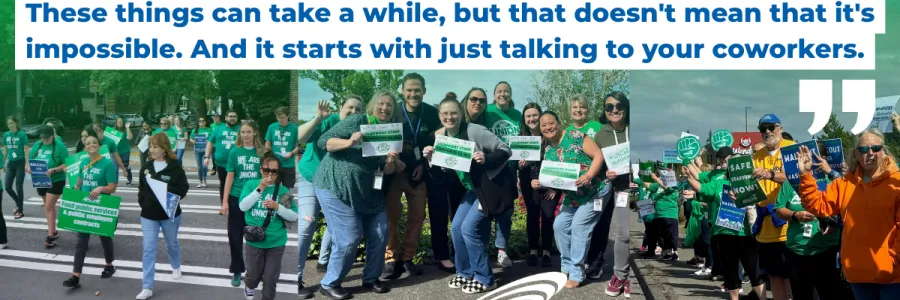 A graphic with photos of DCYF members that reads "These things can take a while, but that doesn't mean that it's impossible. And it starts with just talking to your coworkers."