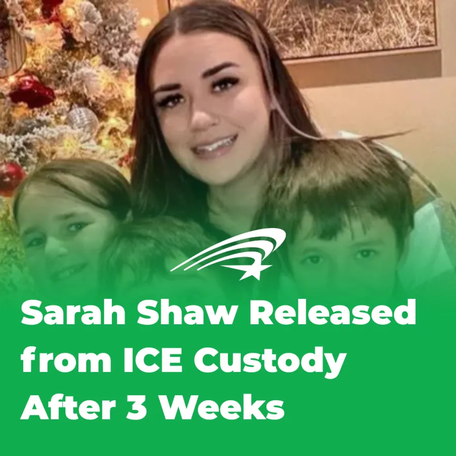 An image of Sarah Shaw with a green fade on the bottom of the screen. White text says "Sarah Shaw released from ICE custody after 3 weeks."