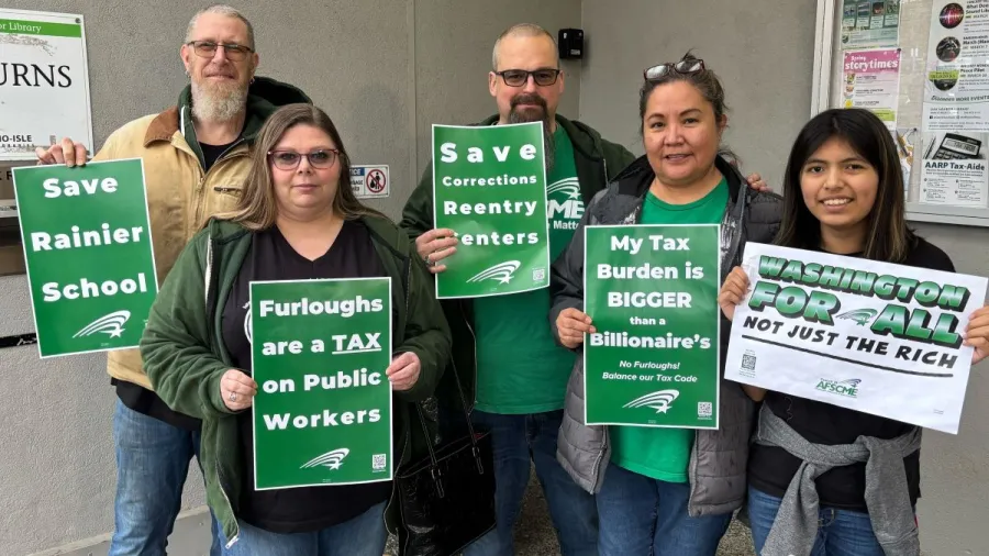 members holding no furloughs and Washington for All signs