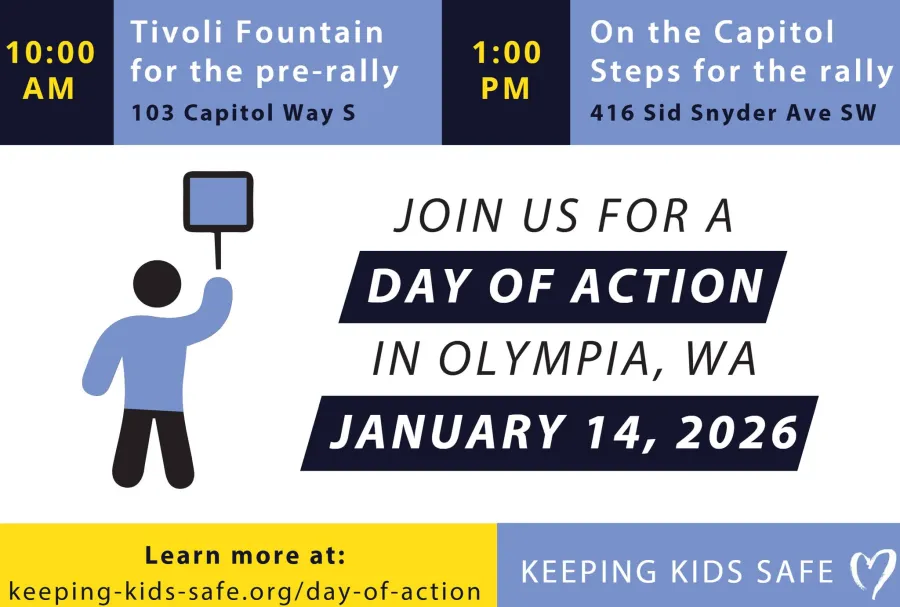 Flyer for Keeping Kids Safe Day of Action with information on the location and agenda.