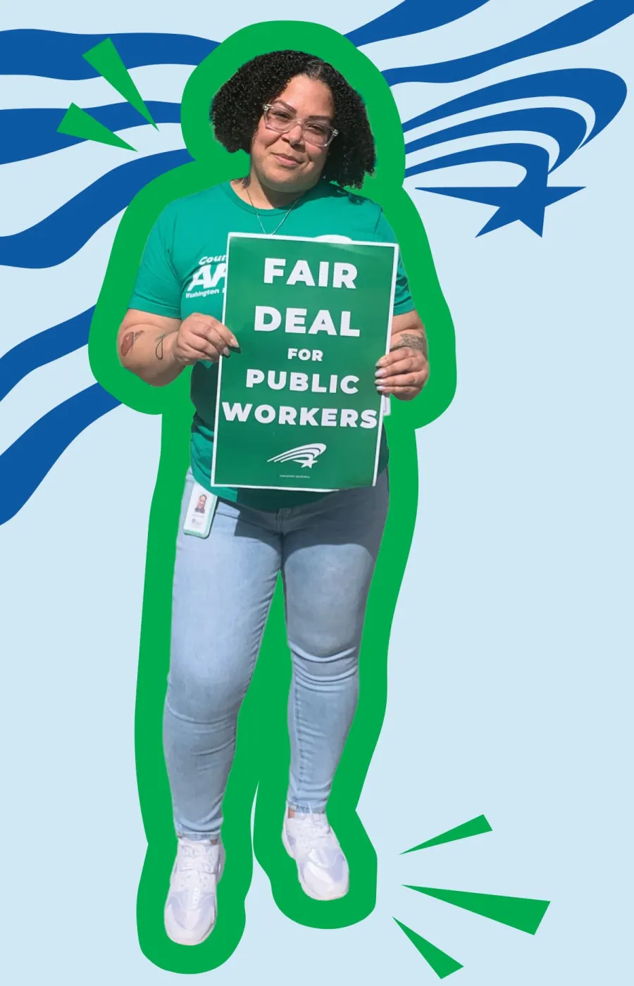 Member holding fair deal for public workers sign