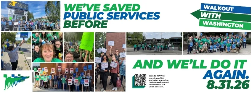 collage of 2024 walkout CCC attendees with text that reads we've saved public services before and we'll do it again 8.31.26