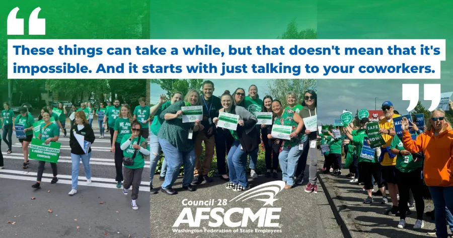 A graphic with photos of DCYF members that reads "These things can take a while, but that doesn't mean that it's impossible. And it starts with just talking to your coworkers."