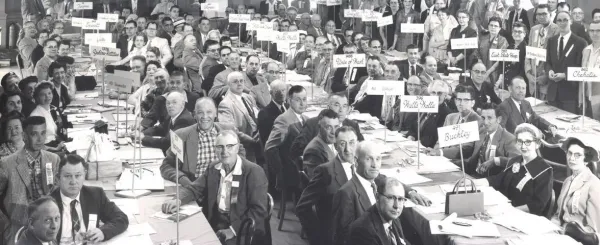 Historical black and white photo of WFSE convention proceedings