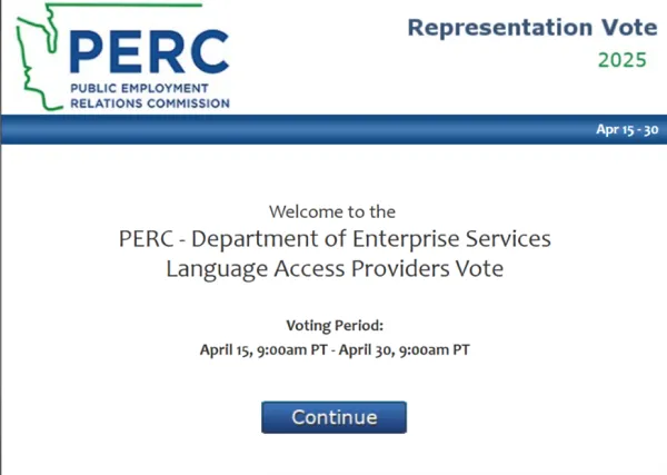 Screenshot showing "Continue" button on voting website