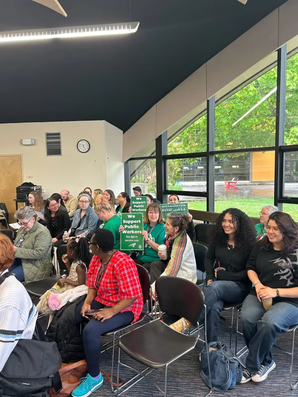 WFSE members at Everett Community College sit in on a Board of Trustees meeting about the Early Learning Center closure.