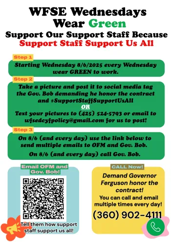 Flyer with OFM letter, Governor's phone number, and reminder to wear green Wednesdays 