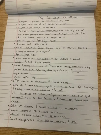 Full page list of tasks that must be accomplished before a 72-hour shelter care hearing.