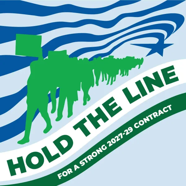 silhouettes of people marching at a rally holding signs with text "Hold the line for a strong 2027-2029 contract"