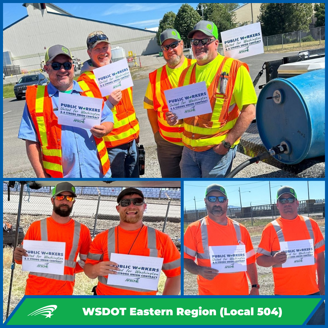 WSDOT workers holding signs calling for a fair contract