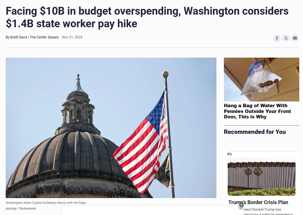 a news article with the headline: Facing $10B in budget overspending, Washington considers $1.4B state worker pay hike