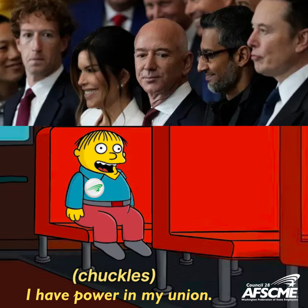 Ralph wiggum on a bus. Billionaires from Trump's inauguration shown in the top half. The caption is "Chuckles. I have power in my union." 